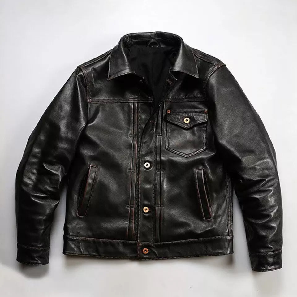 Men Distressed Trucker Cowhide Leather Luxury Tanned Cafe Racer Motorcycle Coat