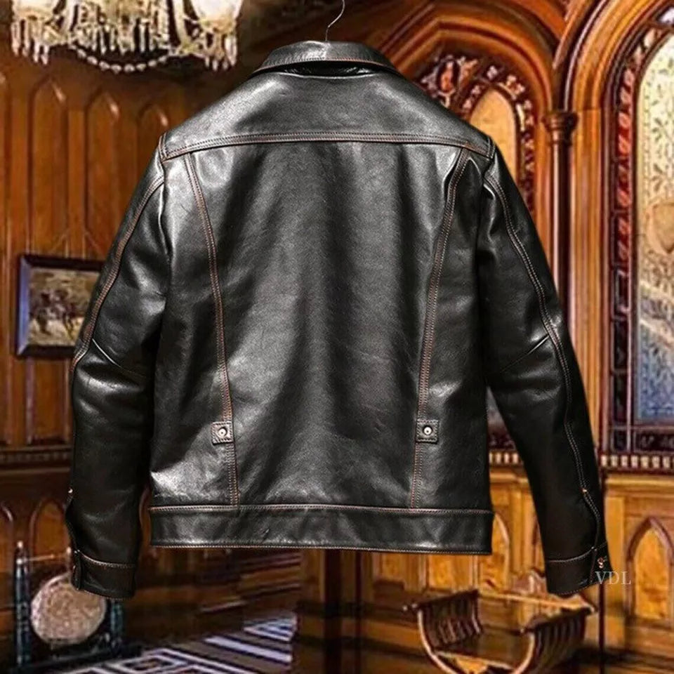 Men Distressed Trucker Cowhide Leather Luxury Tanned Cafe Racer Motorcycle Coat