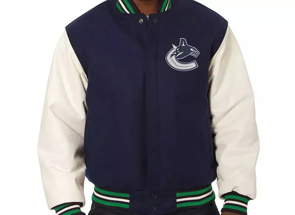 Vancouver Canucks Navy and White Lettermen All Wool Varsity Jacket