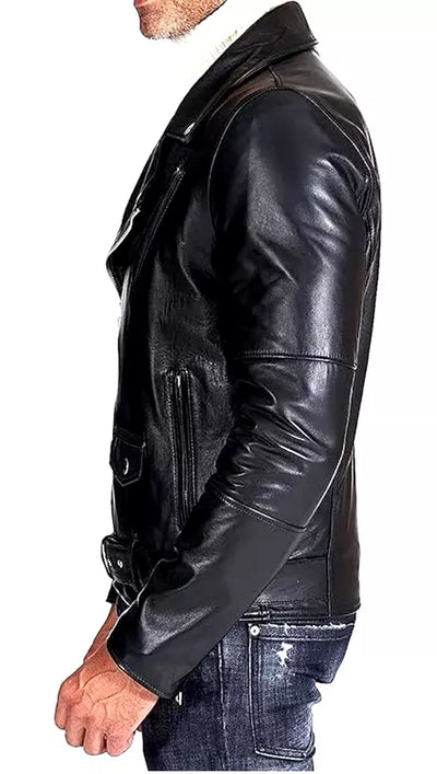 Men's Leather Jacket Coat Sheepskin Black Brando Biker Style Motorcycle