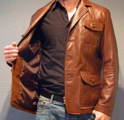 Men's Brown Handmade Distressed Biker Leather Blazer Waxed Motorcycle Jacket