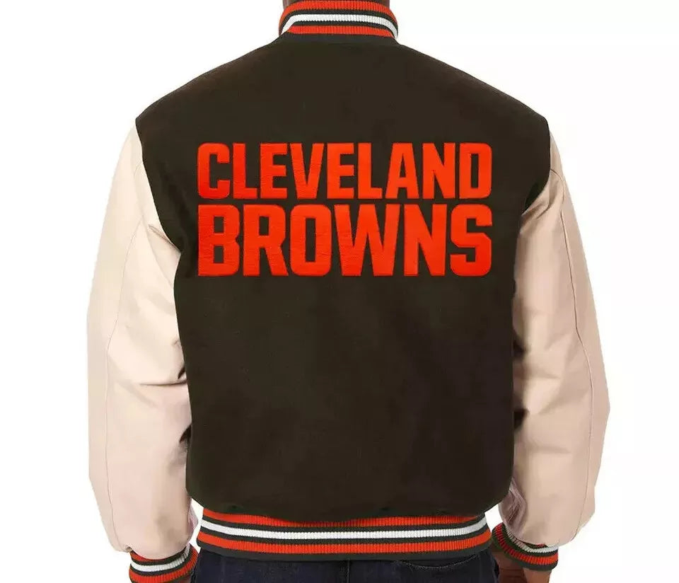 NFL Cleveland Browns White and Brown Lettermen Varsity Jacket