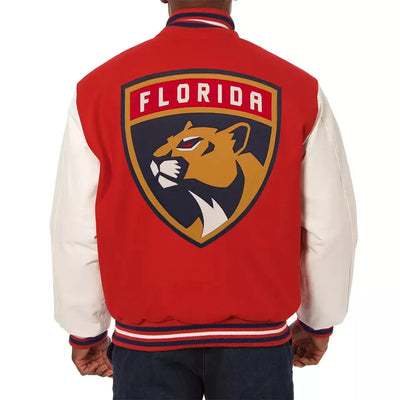 Florida Panthers Red & White Letterman Varsity Jacket w/ Genuine Leather Sleeves