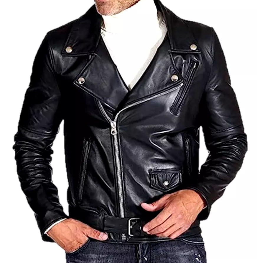 Men's Leather Jacket Coat Sheepskin Black Brando Biker Style Motorcycle