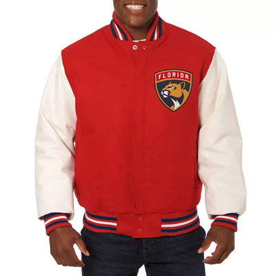 Florida Panthers Red & White Letterman Varsity Jacket w/ Genuine Leather Sleeves