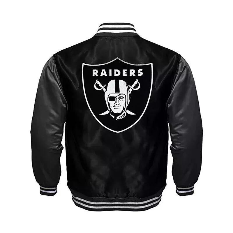 NFL Oakland Raiders Black Satin Bomber Embroidery Logo Varsity Jacket