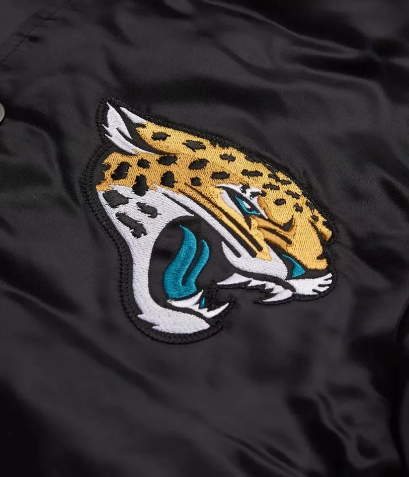 Jacksonville Jaguars Black Satin Varsity Bomber Jacket with Embroidered Logos