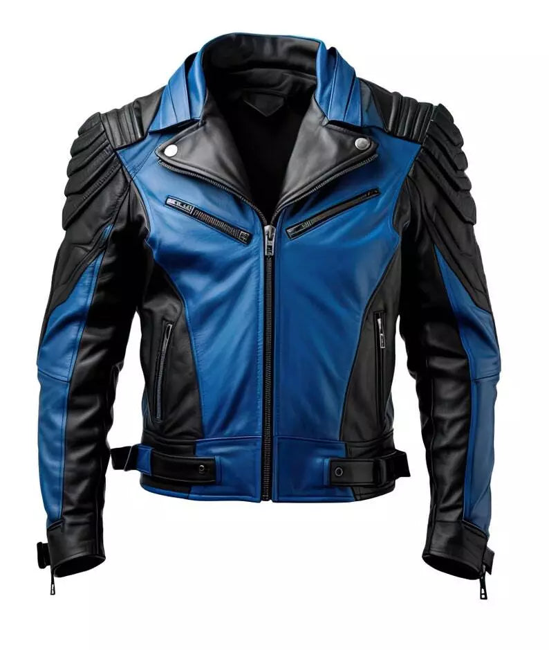 Men Black & Blue Leather Jacket Genuine Lambskin Handmade Biker Coat