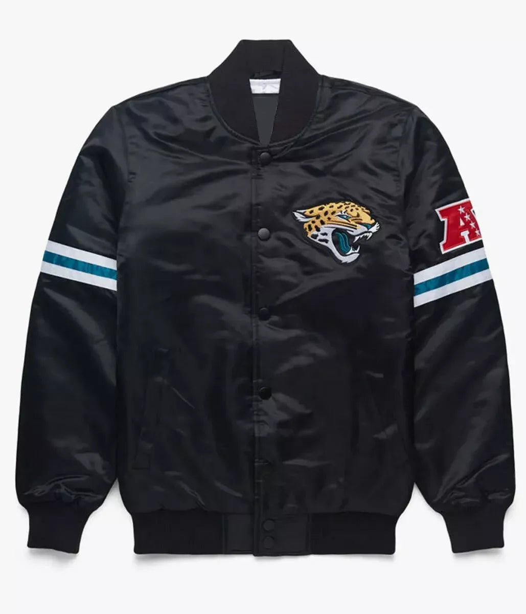 Jacksonville Jaguars Black Satin Varsity Bomber Jacket with Embroidered Logos