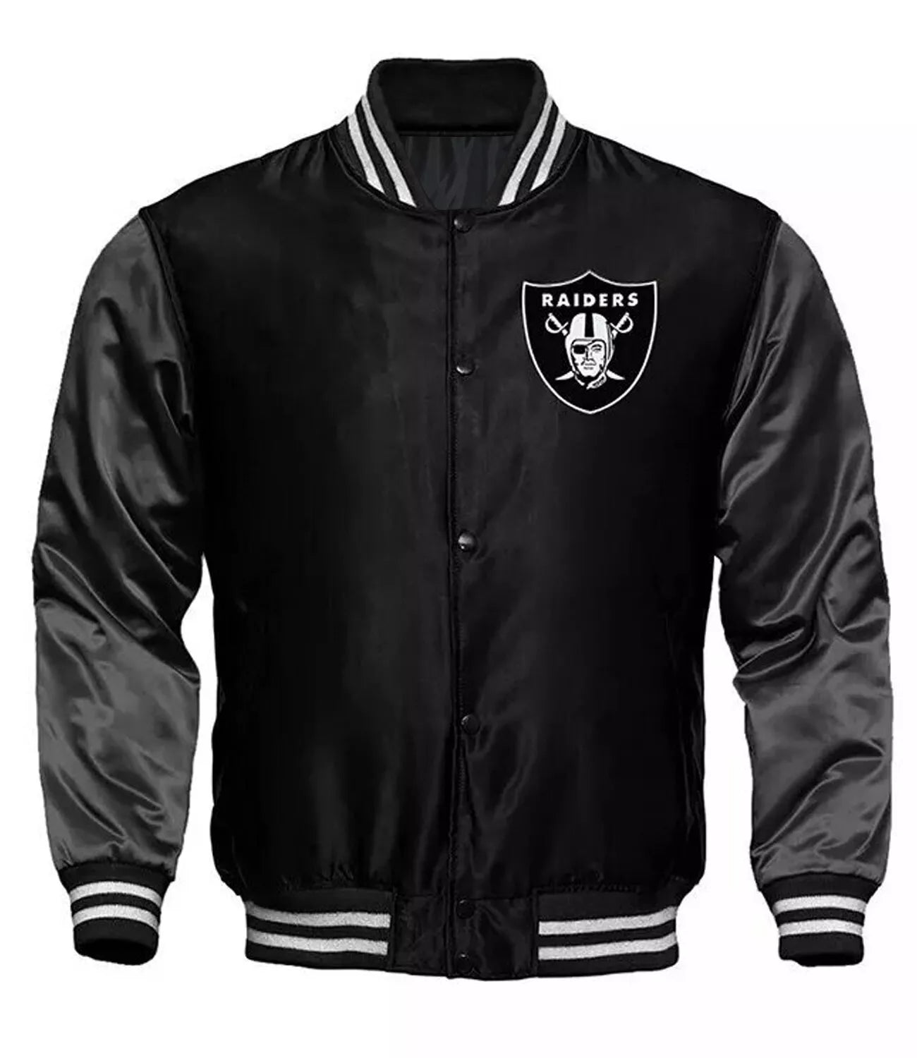 NFL Oakland Raiders Black Satin Bomber Embroidery Logo Varsity Jacket