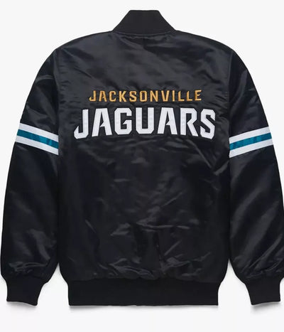 Jacksonville Jaguars Black Satin Varsity Bomber Jacket with Embroidered Logos