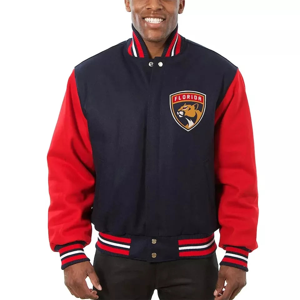 Florida Panthers Navy and Red All Wool Letterman Varsity Jacket