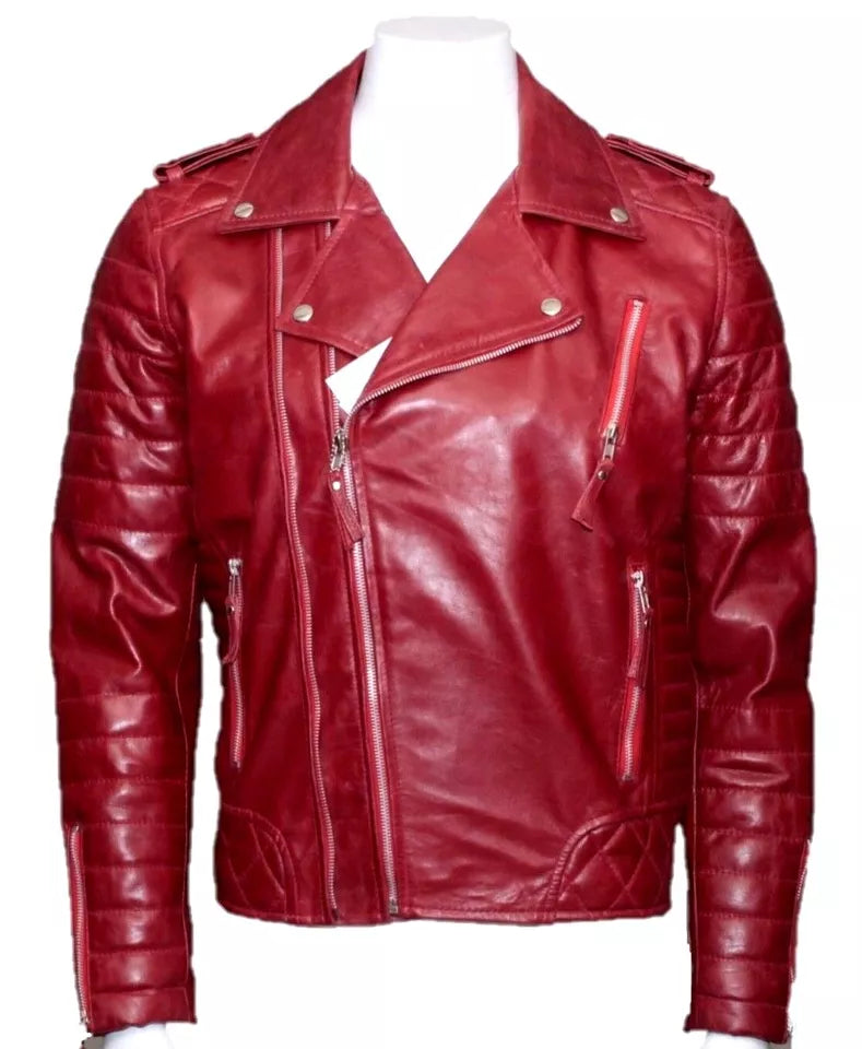 Men's Motorcycle Leather jacket Genuine Sheep Skin Brando Style Red Biker