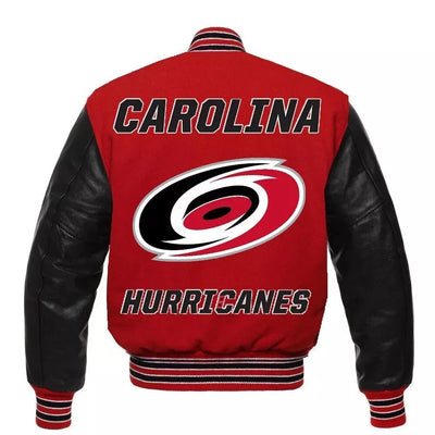 Carolina Hurricanes Black and Red Varsity Jacket With Genuine Leather Sleeves