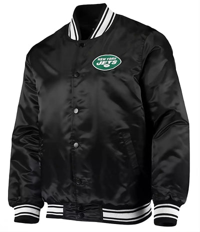 80s NFL New York Jets Black Satin Varsity Jacket full-snap With Embroidery logos