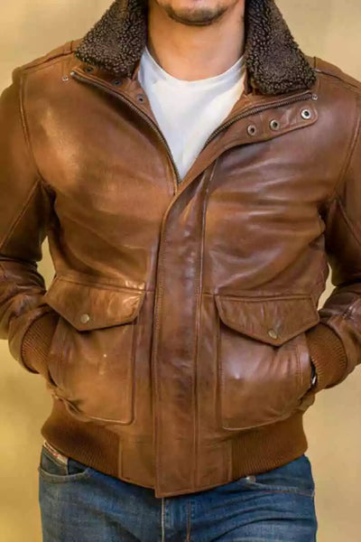 Men Brown Custom Bomber Leather Jacket Motorcycle Real Lambskin Fur Collar Coat