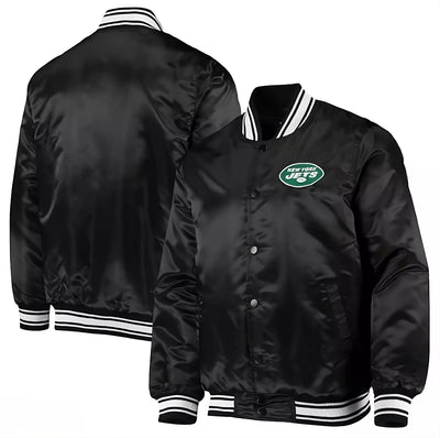 80s NFL New York Jets Black Satin Varsity Jacket full-snap With Embroidery logos