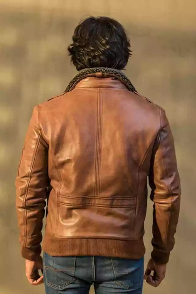 Men Brown Custom Bomber Leather Jacket Motorcycle Real Lambskin Fur Collar Coat