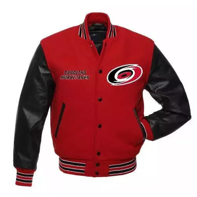 Carolina Hurricanes Black and Red Varsity Jacket With Genuine Leather Sleeves