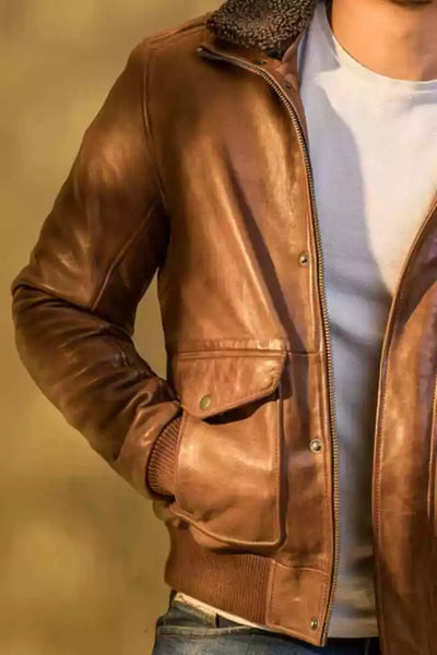 Men Brown Custom Bomber Leather Jacket Motorcycle Real Lambskin Fur Collar Coat