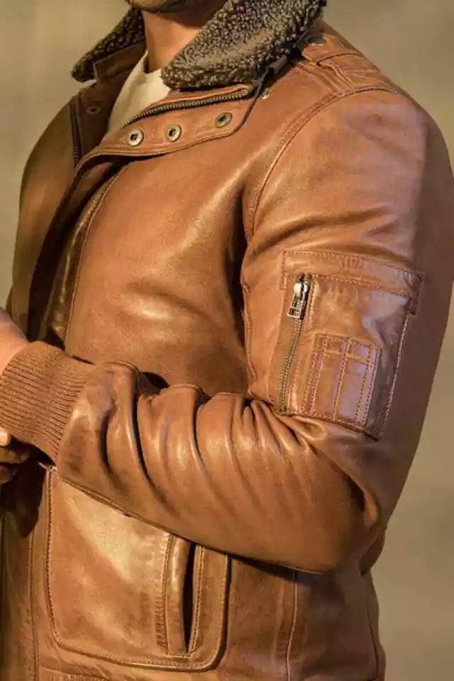 Men Brown Custom Bomber Leather Jacket Motorcycle Real Lambskin Fur Collar Coat