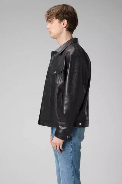 Mens Black Genuine lambskin Trucker Leather bomber Jacket Coat