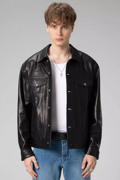 Mens Black Genuine lambskin Trucker Leather bomber Jacket Coat