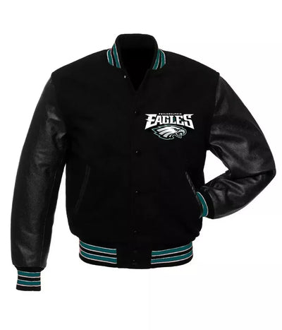 Philadelphia Eagles Letterman Black Varsity Jacket With Genuine Leather Sleeves