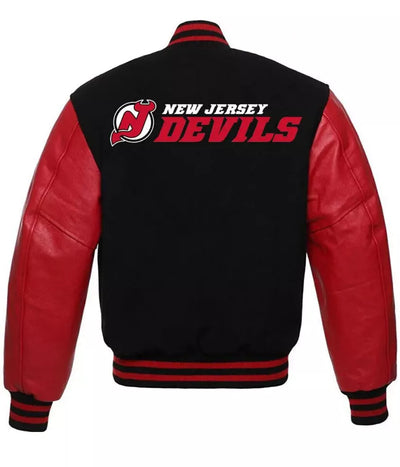 New Jersey Devils Black and Red Letterman Varsity Jacket w/ Real Leather Sleeves