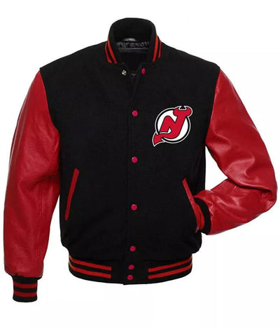 New Jersey Devils Black and Red Letterman Varsity Jacket w/ Real Leather Sleeves