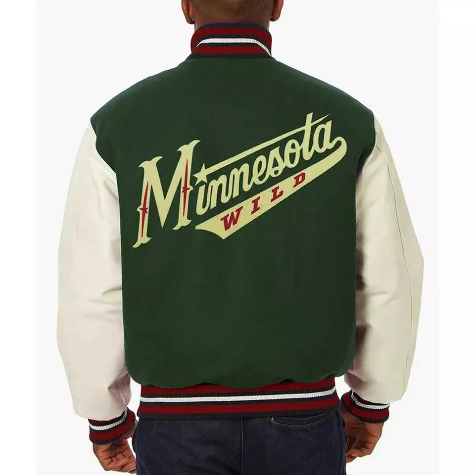 Minnesota Wild Green & White Lettrman Varsity Jacket with Genuine Leather Sleeve