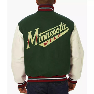 Minnesota Wild Green & White Lettrman Varsity Jacket with Genuine Leather Sleeve