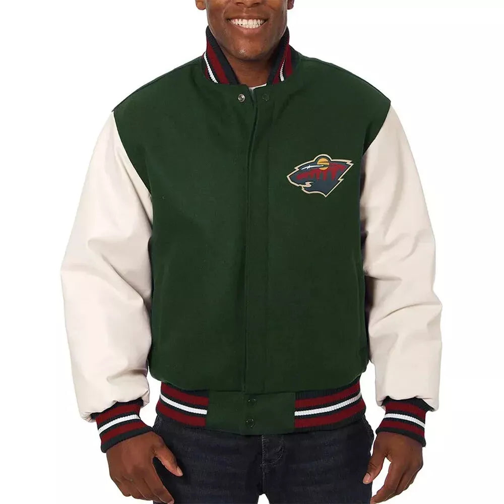 Minnesota Wild Green & White Lettrman Varsity Jacket with Genuine Leather Sleeve