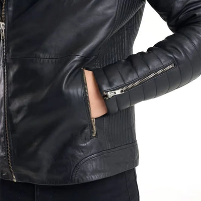 Ribbed Sleeve Real Leather Jacket