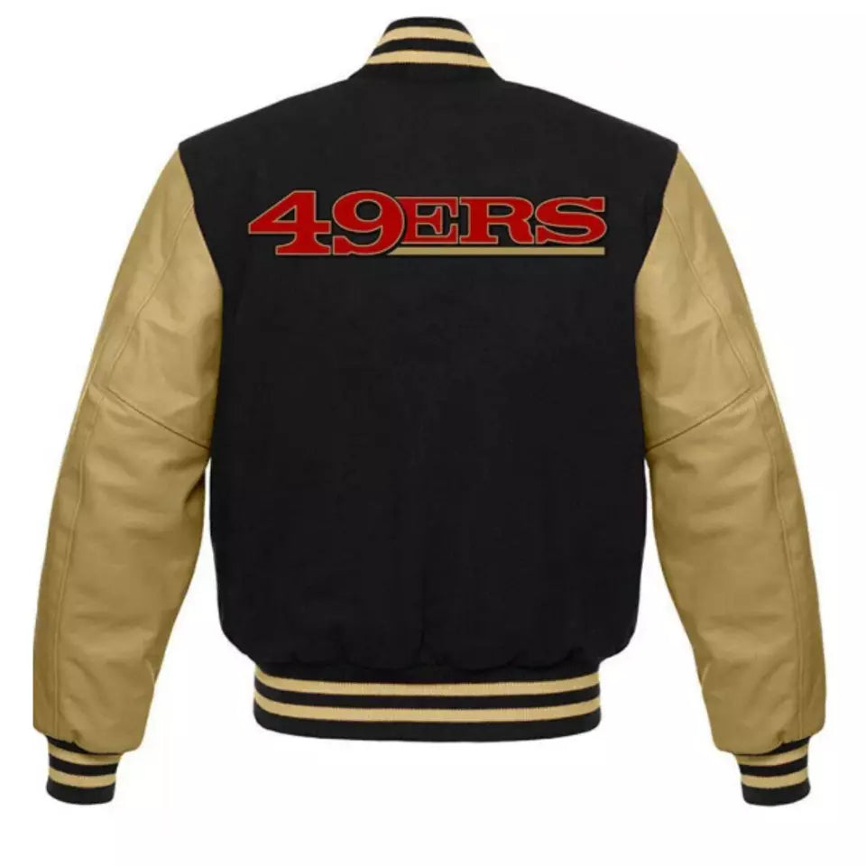 San Francisco 49ers Black Letterman Varsity Jacket with Leather Sleeves