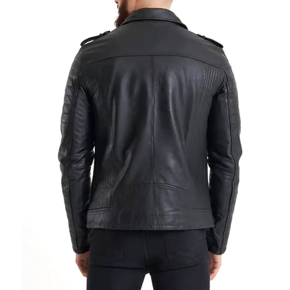 Ribbed Sleeve Real Leather Jacket