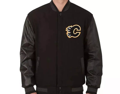 Calgary Flames Black Varsity Jacket With Genuine Leather Sleeves