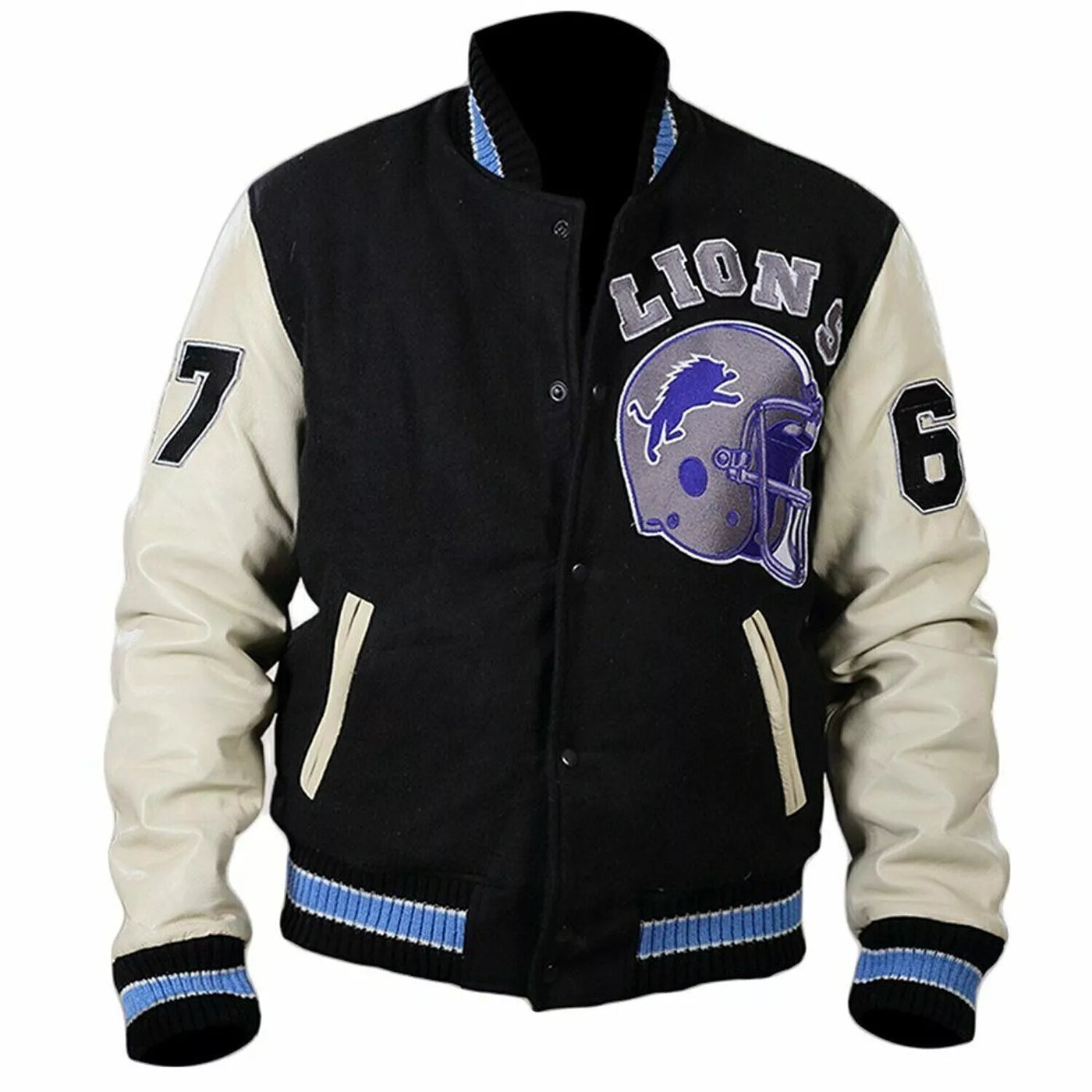 Letterman Detroit Lions Black Varsity Jacket With Genuine Leather Sleeves