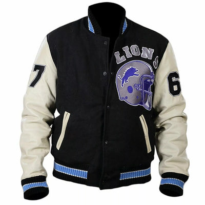 Letterman Detroit Lions Black Varsity Jacket With Genuine Leather Sleeves