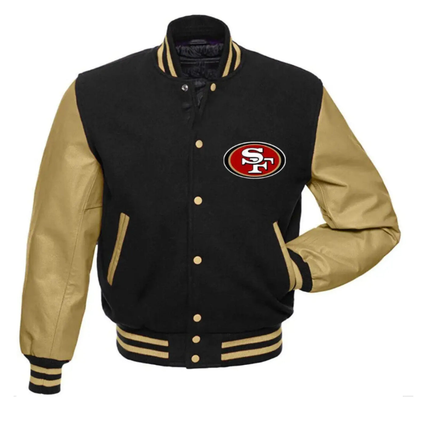 San Francisco 49ers Black Letterman Varsity Jacket with Leather Sleeves