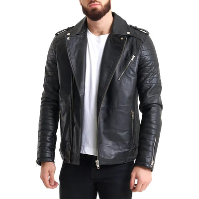 Ribbed Sleeve Real Leather Jacket