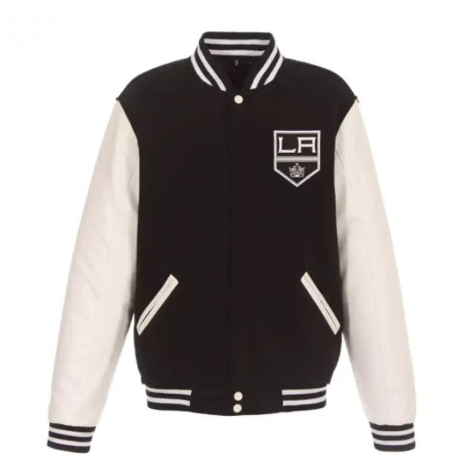 Los Angeles Kings Letterman Varsity Jacket with Leather Sleeves black and white - NHL