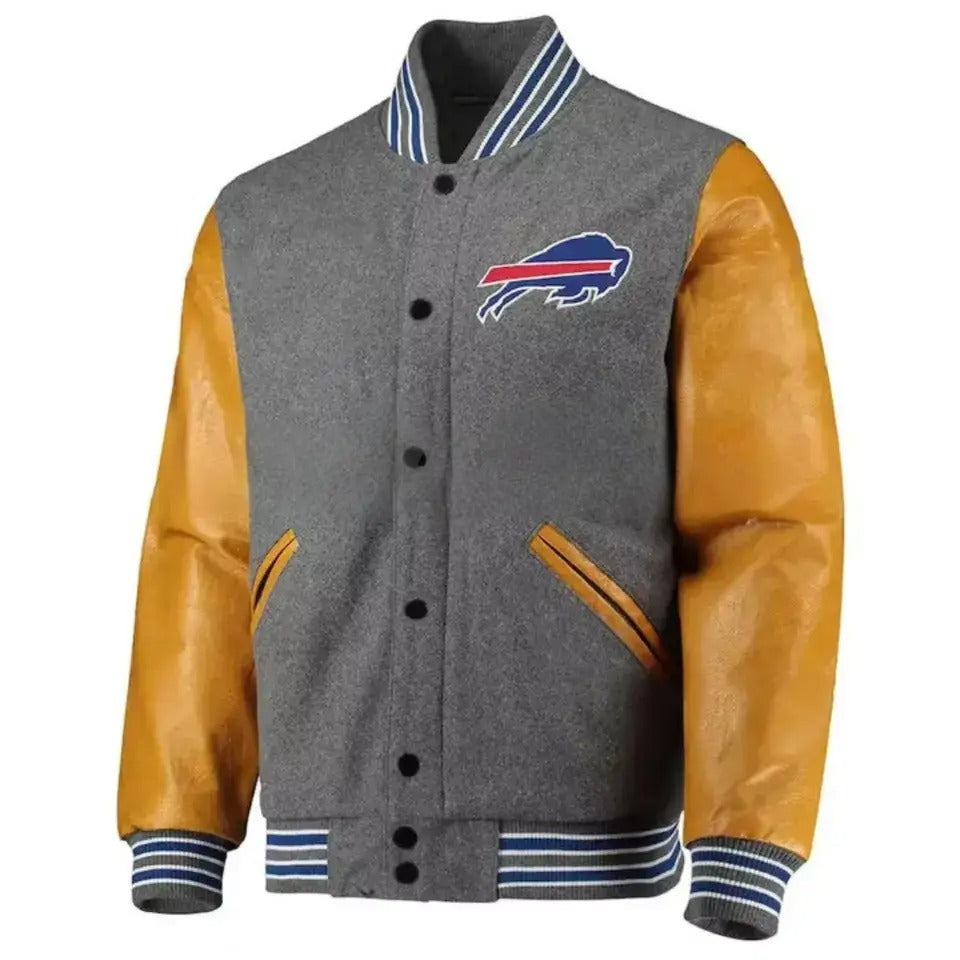 Buffalo Bills Letterman Varsity Jacket Gray Wool & Brown Leather Sleeves