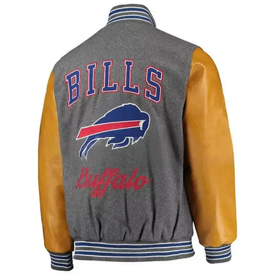 Buffalo Bills Letterman Varsity Jacket Gray Wool & Brown Leather Sleeves