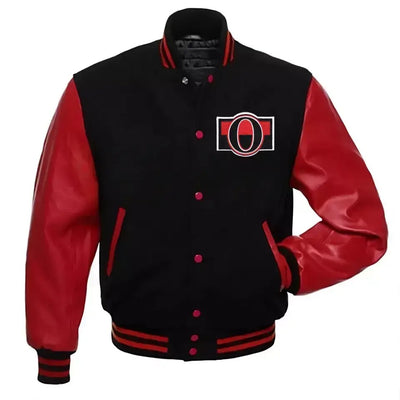Men Letterman Ottawa Senators Black Varsity Jacket With Red Genuine Leather Sleeves - MLB