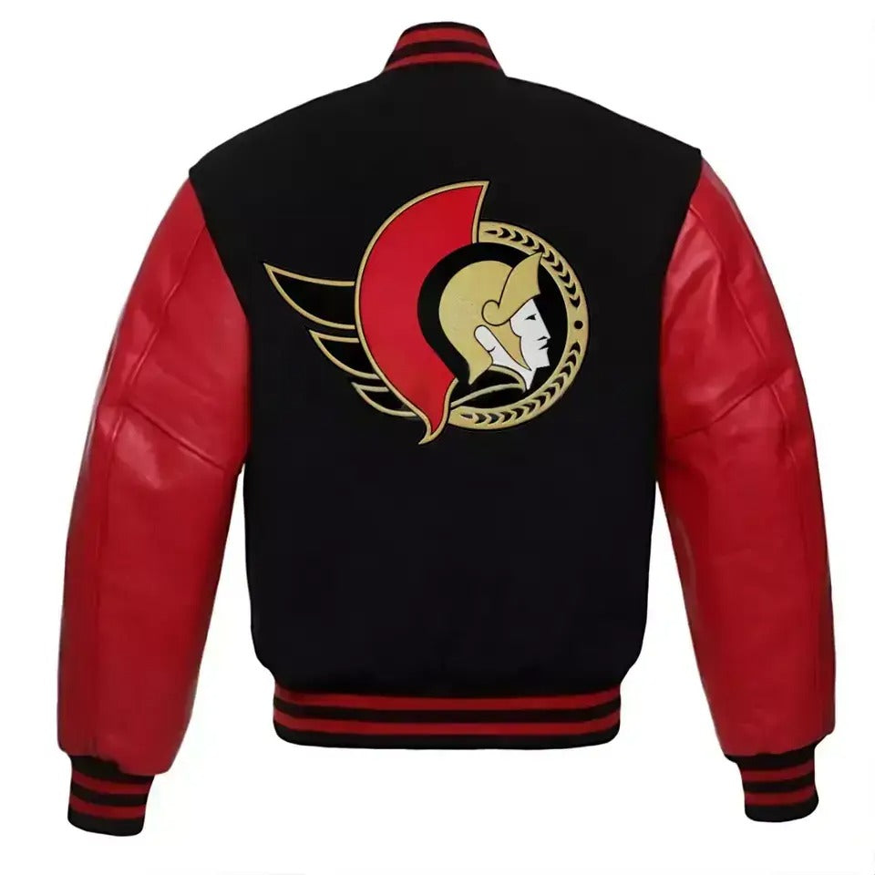 Men Letterman Ottawa Senators Black Varsity Jacket With Red Genuine Leather Sleeves - MLB