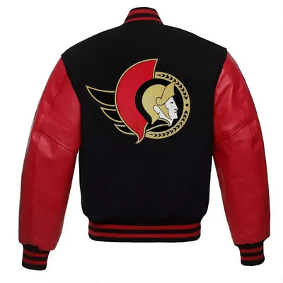 Men Letterman Ottawa Senators Black Varsity Jacket With Red Genuine Leather Sleeves - MLB