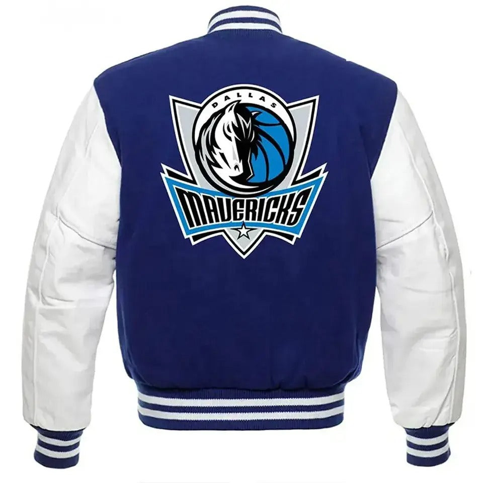 Men Letterman Dallas Mavericks Blue and White Varsity Jacket - NBA