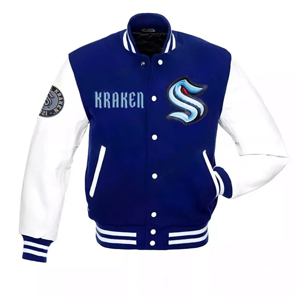 Seattle Kraken Blue and White Letterman Varsity Jacket