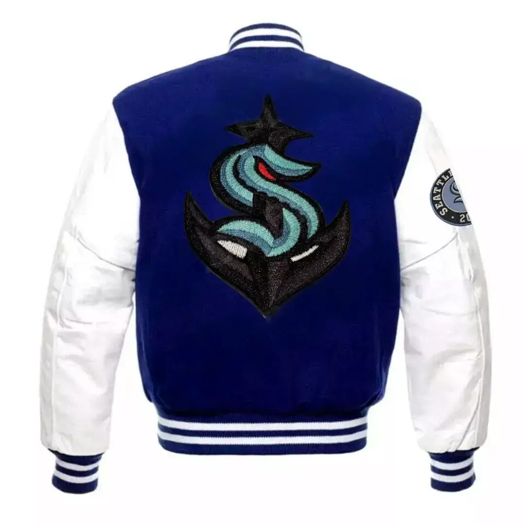 Seattle Kraken Blue and White Letterman Varsity Jacket